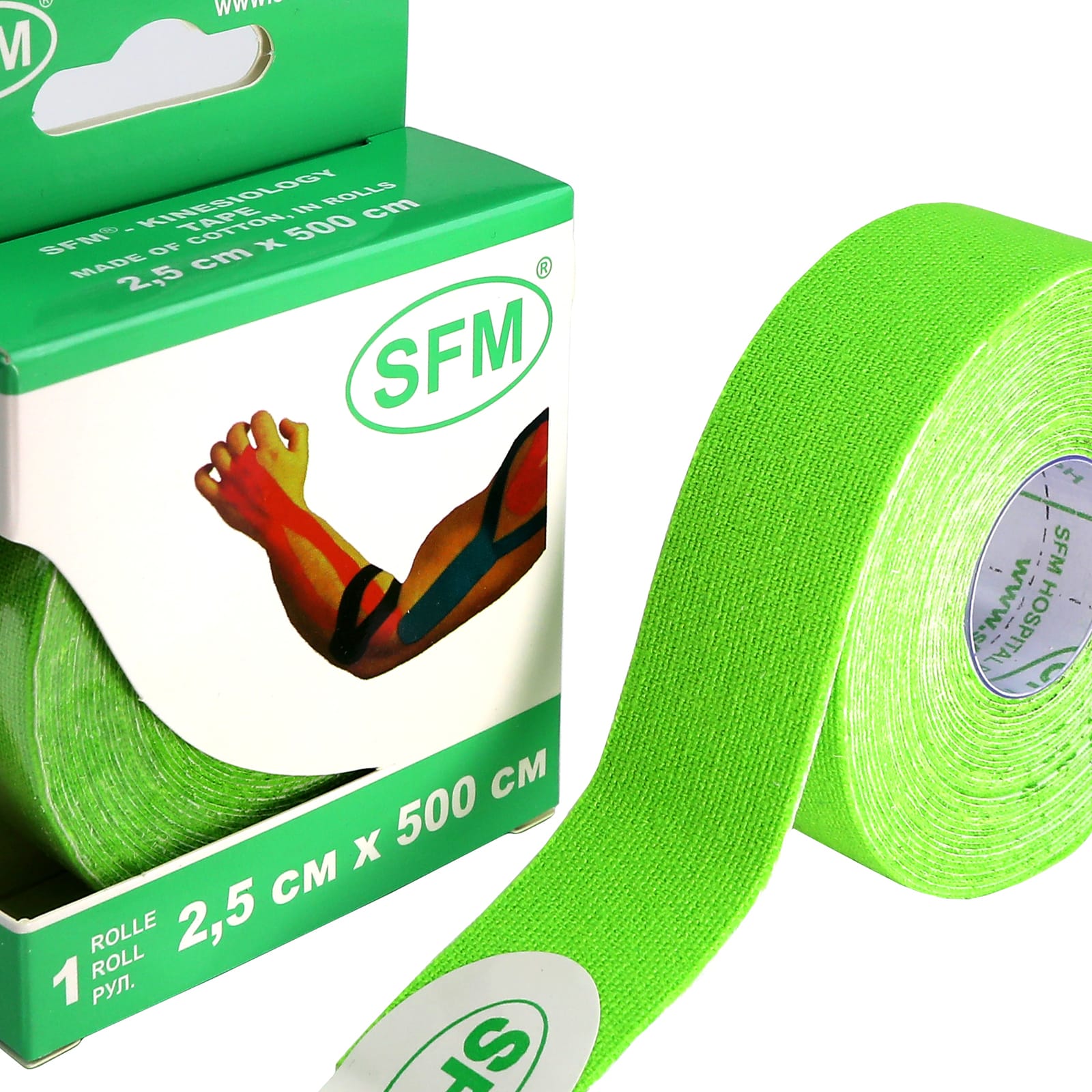 Кинезиотейп SFM Hospital Products Plaster на хлопковой основе 2.5х500 см зеленого цвета в диспенсере - фото 2