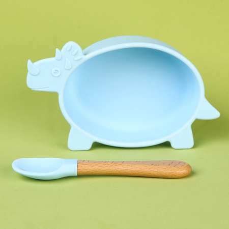 Набор детской посуды Mum and Baby для кормления из силикона «Динозаврик» миска на присоске ложка цвет голубой