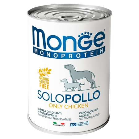 Корм для собак MONGE Dog Monoprotein Solo паштет из курицы консервированный 400г