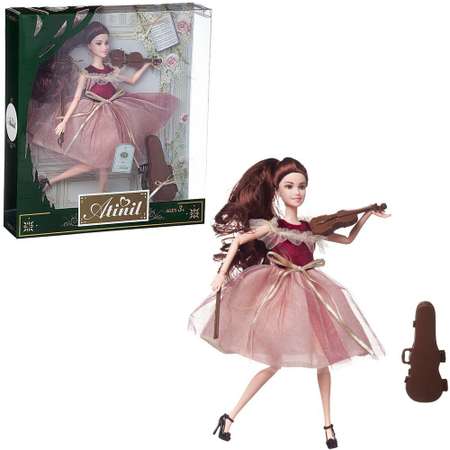 Кукла ABTOYS Яркое настроение в платье с розовой юбкой в наборе со скрипкой и аксессуарами