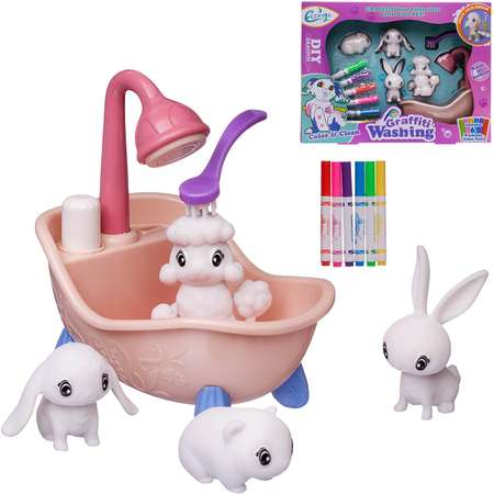 Набор для творчества Junfa Любимые животные в ванне с душем 4 фигурки 6 фломастеров щетка раскраска