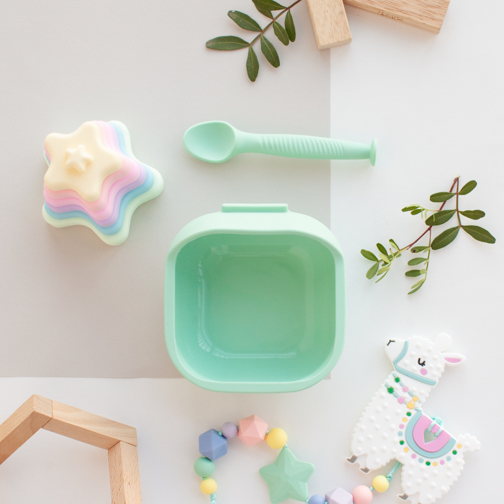 Набор детской посуды iSюминка Силиконовая тарелка на присоске и ложка Мятная - фото 14