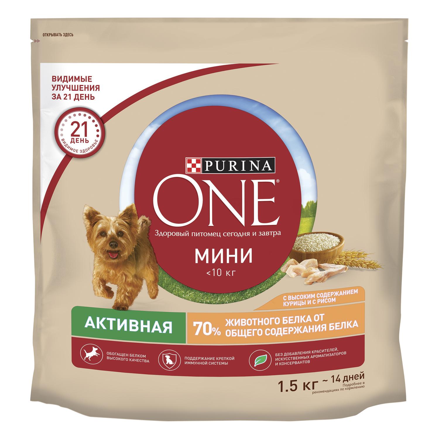 Корм для собак Purina One Mini активных мелких пород курица-рис 1,5 кг  купить по цене 635 ₽ с доставкой в Москве и России, отзывы, фото