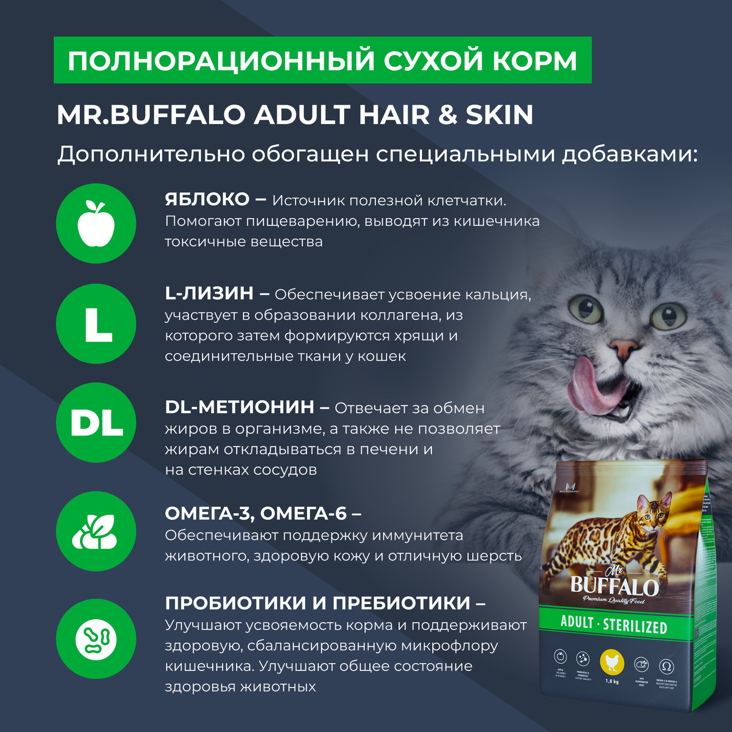 Сухой корм для кошек Mr.Buffalo 1.8 кг (для стерилизованных и кастрированных) - фото 4