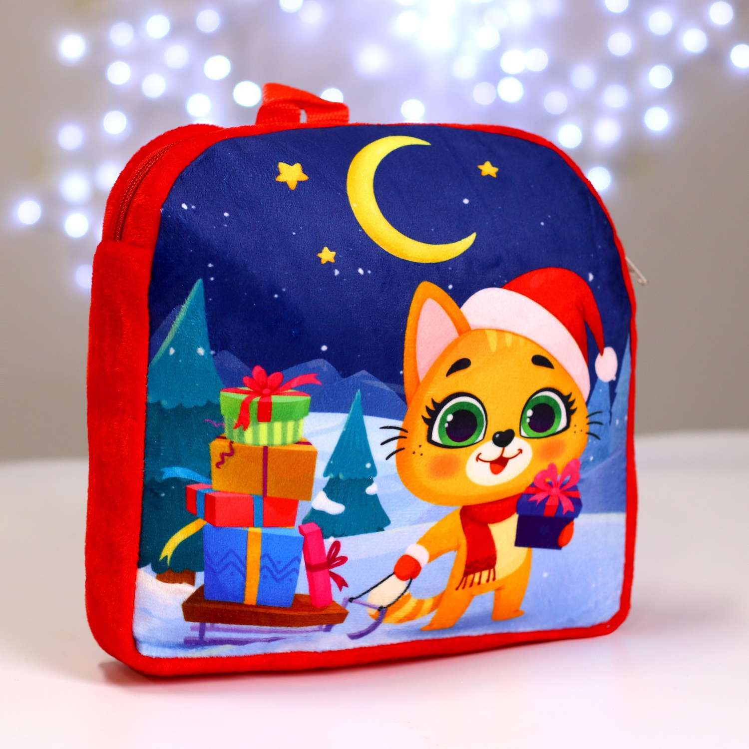 Детский рюкзак Milo Toys плюшевый Котик в новогодней шапочке 26х24 см - фото 2