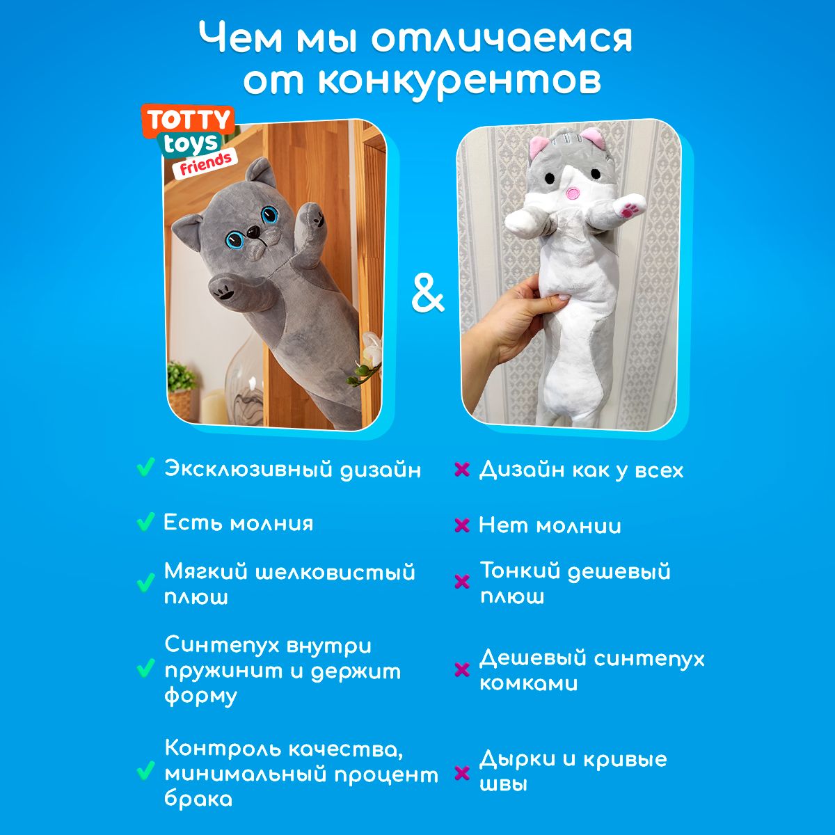 Мягкая игрушка подушка TOTTY TOYS кот-британец с голубыми глазами 50 см - фото 6