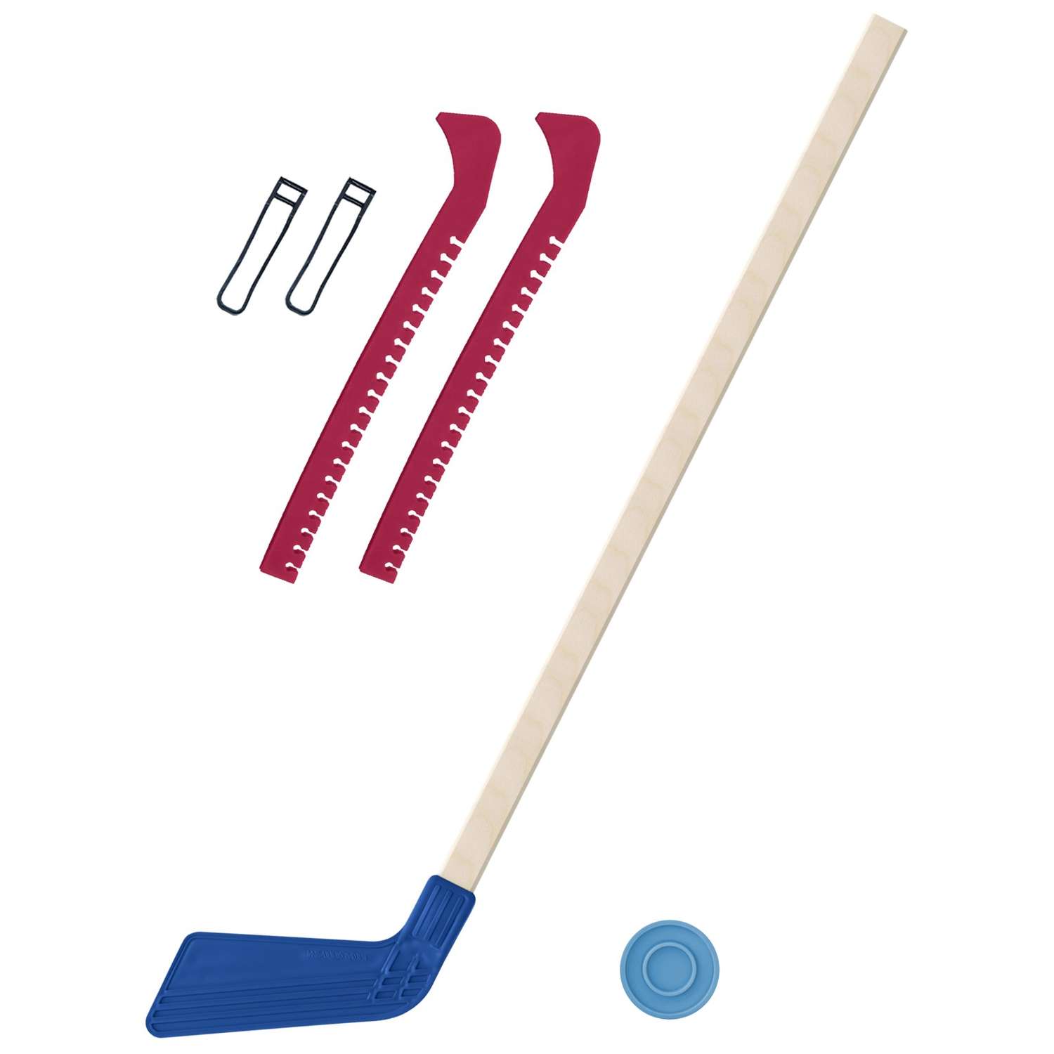 Набор для хоккея Задира Клюшка синяя 80 см + шайба + Чехлы для коньков красные - фото 1
