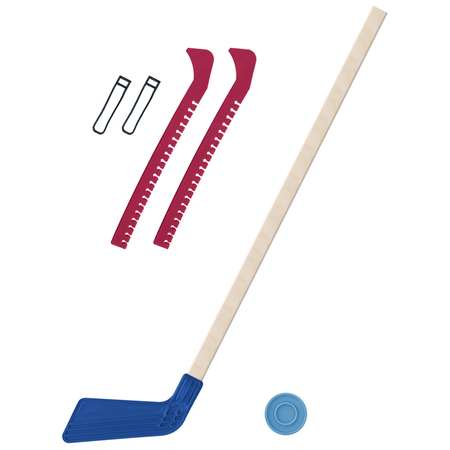 Набор для хоккея Задира Клюшка синяя 80 см + шайба + Чехлы для коньков красные
