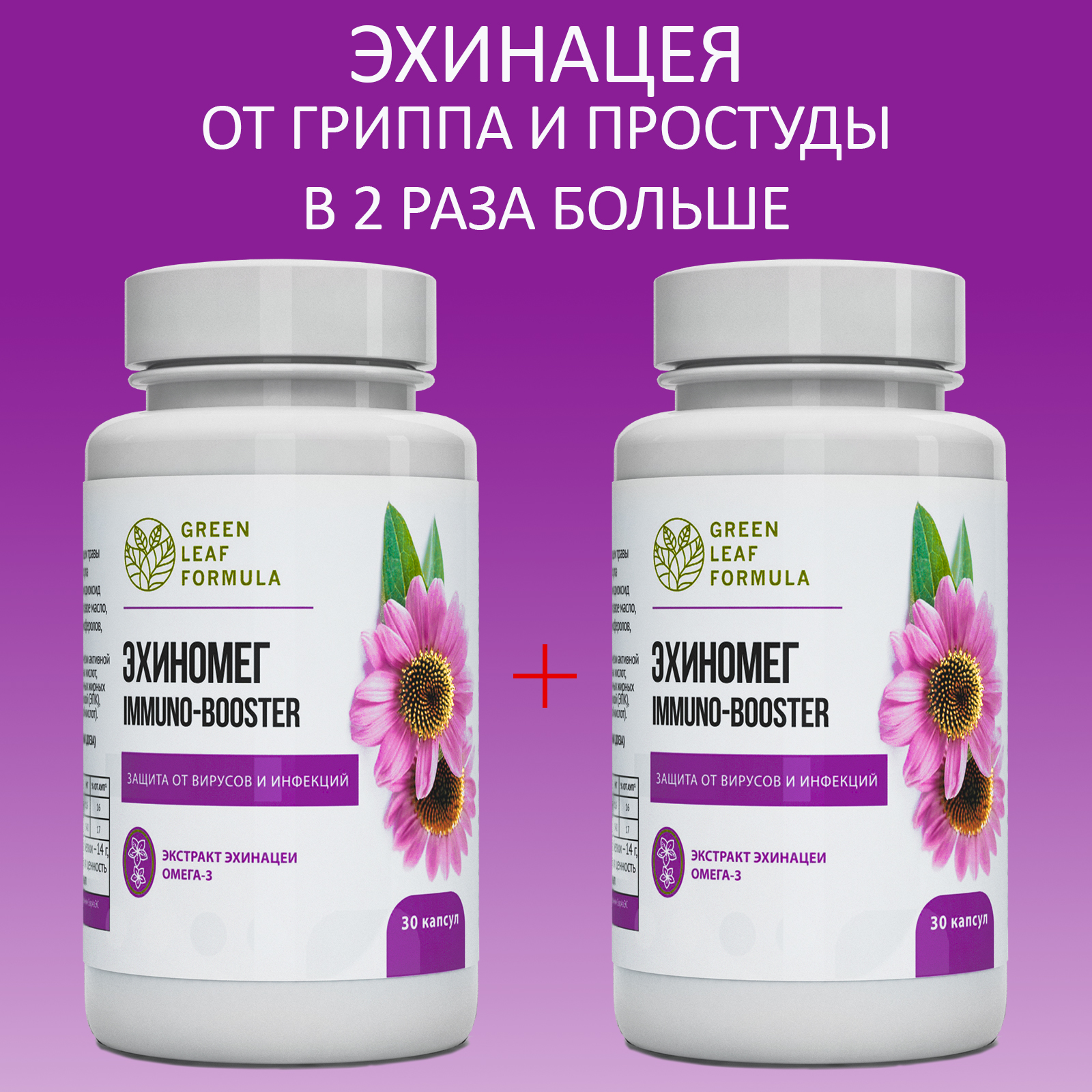 Эхинацея Green Leaf Formula витамины для иммунитета от гриппа и простуды для сердца и сосудов 2 банки по 30 капсул - фото 1