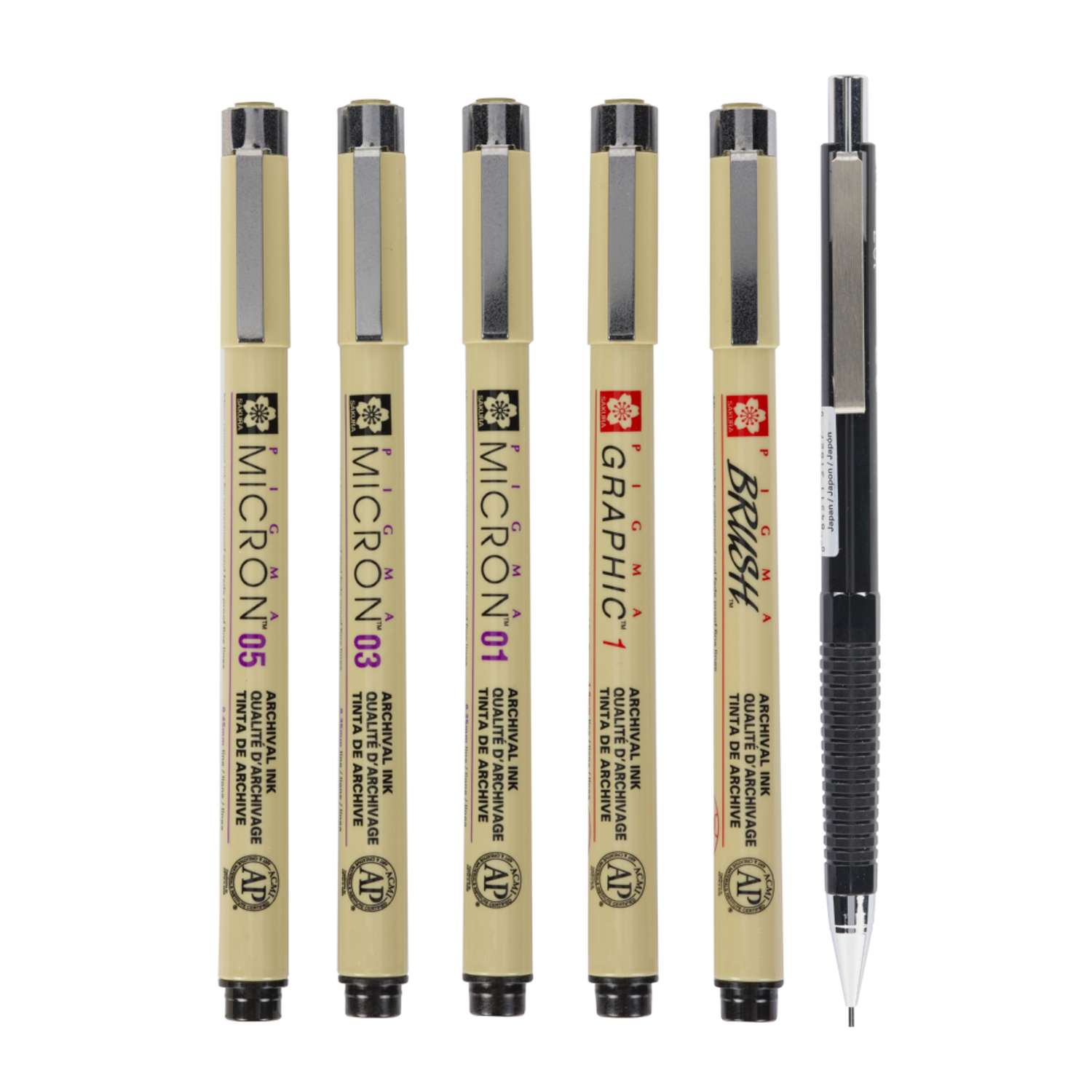Набор черных капиллярных ручек Sakura Pigma Micron Manga 6 штук brush механический карандаш 0.7мм. - фото 3