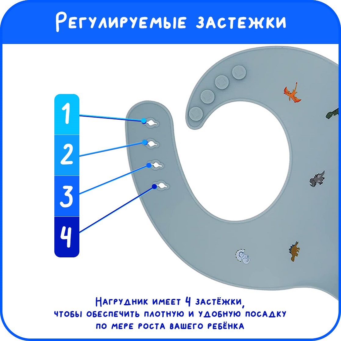 Детский силиконовый нагрудник MIKMEL для кормления мягкий с карманом и застежкой Blue Dino - фото 6