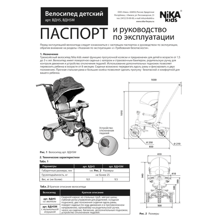 Велосипед детский Nika kids трёхколёсный коляска с ручкой