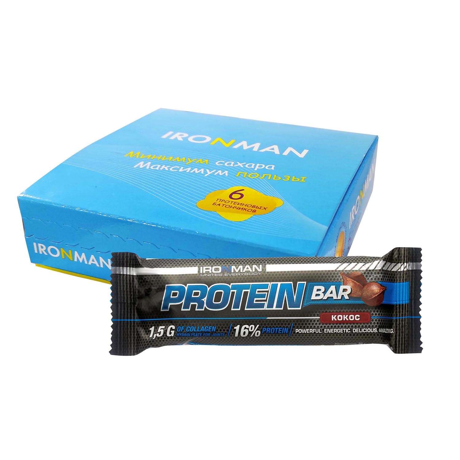 Протеиновый батончик IronMan Protein Bar кокос 6*50 г - фото 1