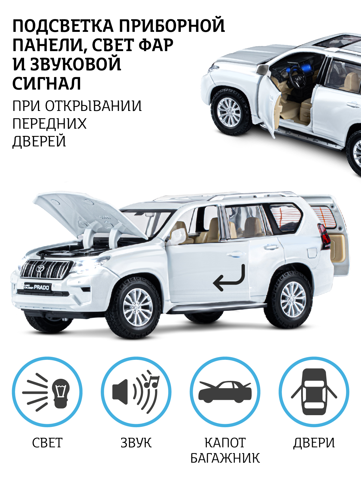 Машинка металлическая АВТОпанорама игрушка детская 1:24 Land Cruiser Prado  белый свободный ход колес