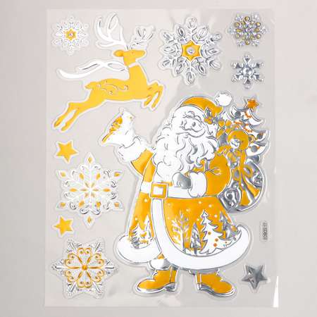 Наклейка Sima-Land пластик «Дед Мороз с подарками и олень» серебристо золотая 24х33 см
