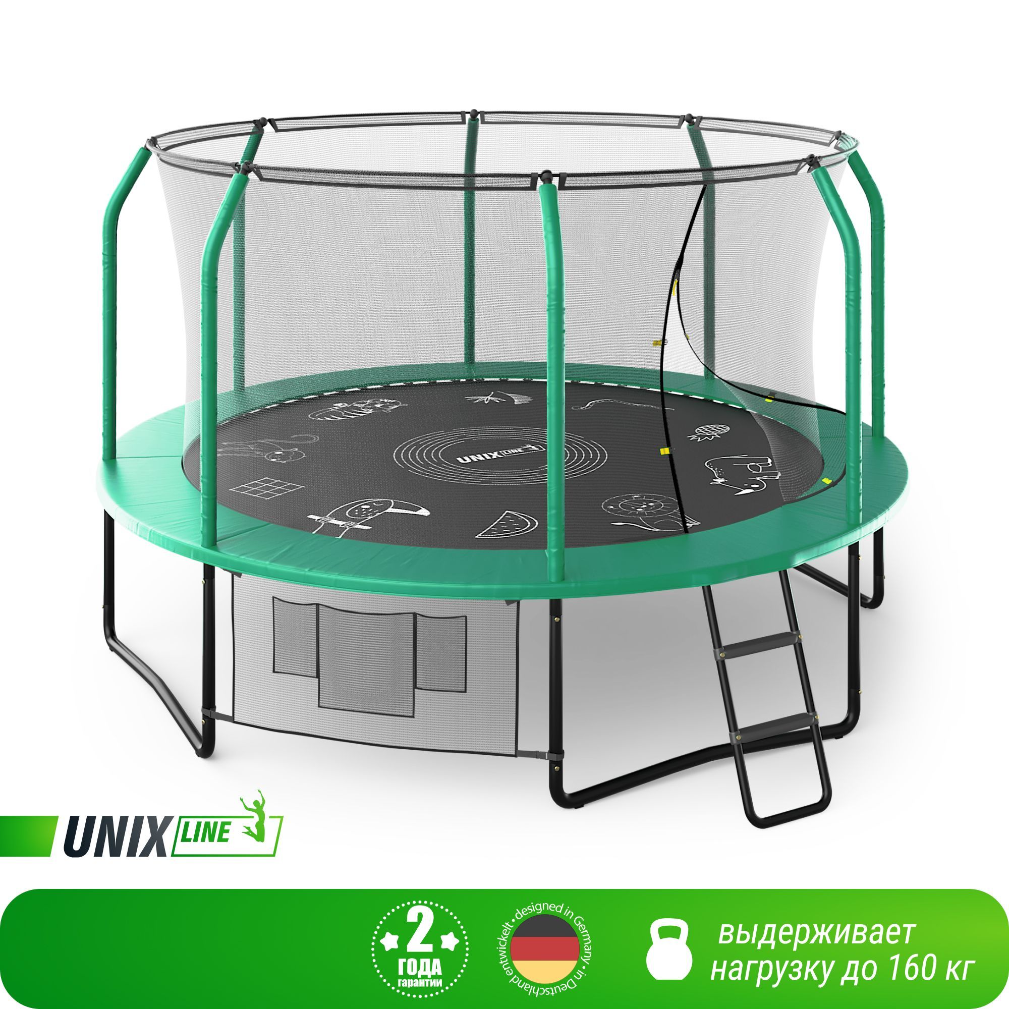 Батут каркасный Supreme Game UNIX line 12 ft Green общий диаметр 366 см до 160 кг диаметр прыжковой зоны 310 см - фото 1