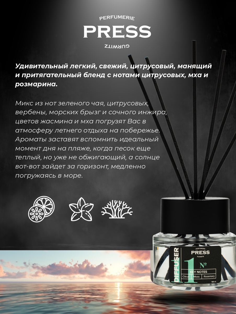 Диффузор № 11 Press Gurwitz Perfumerie Ароматизатор для дома с палочками с нотами цитрусовых мха и розмарина - фото 5