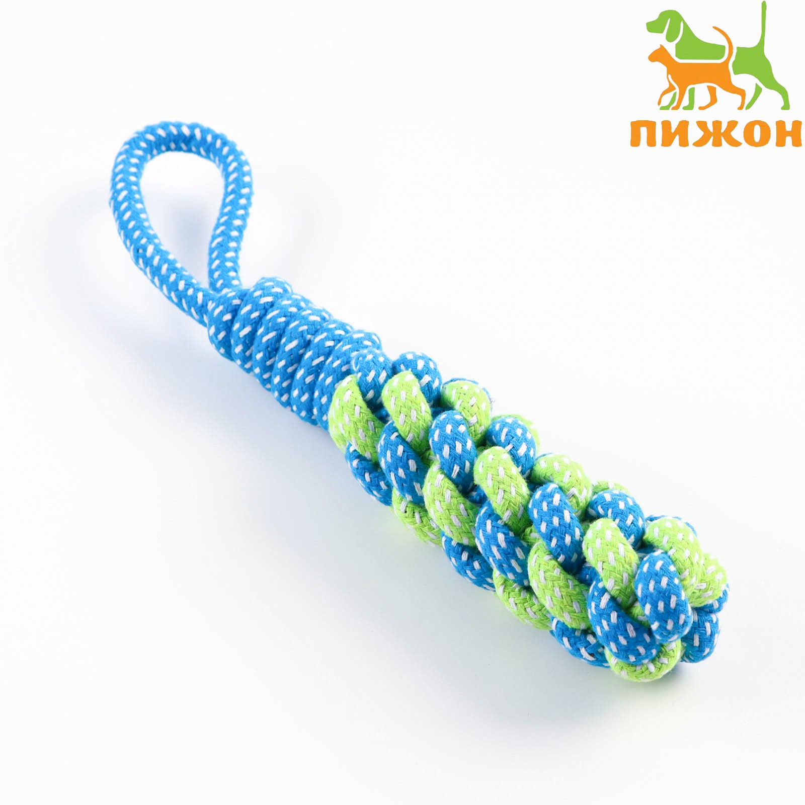 Игрушка Пижон канатная плетеная с ручкой 120 г до 31 см синяя/зелёная - фото 1