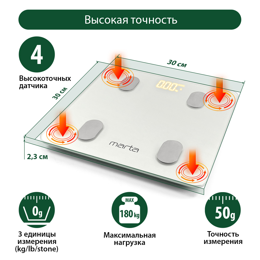 Умные весы напольные MARTA MT-1606 LED Bluetooth белый жемчуг - фото 4