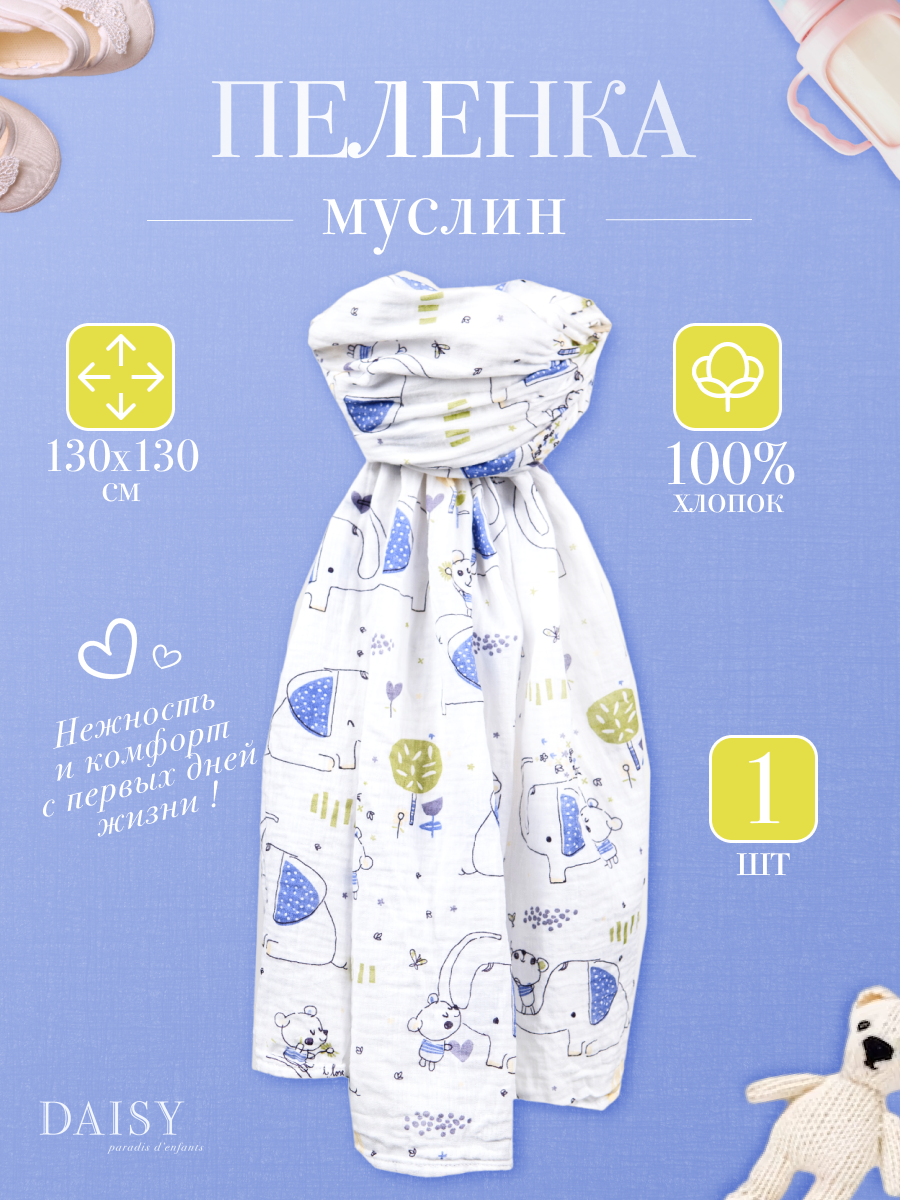 Муслиновая пеленка Daisy 130х130см Слон и Мишка - фото 3