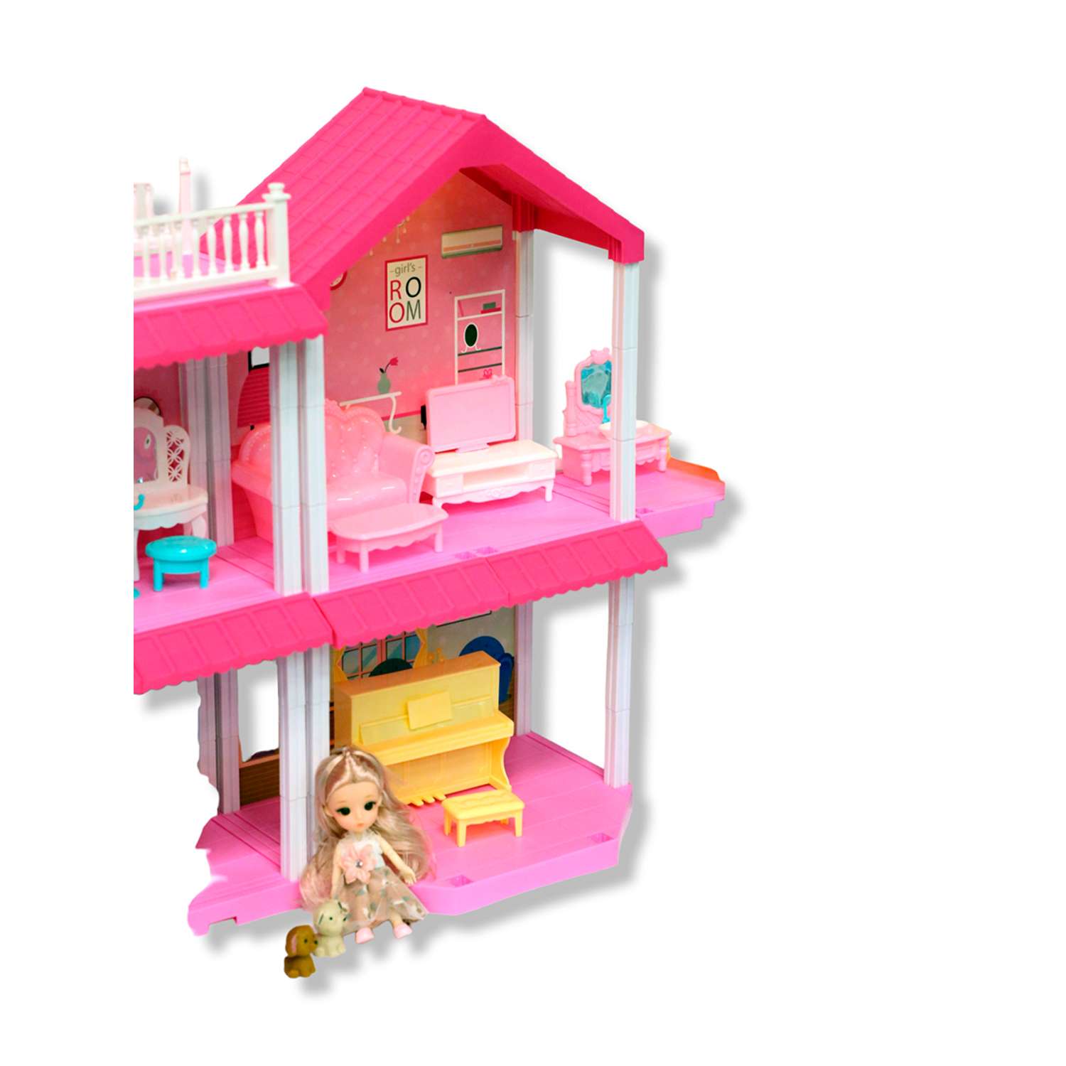 Кукольный дом SHARKTOYS двухэтажная вилла с балконом двумя куклами и питомцами 11500014 - фото 3