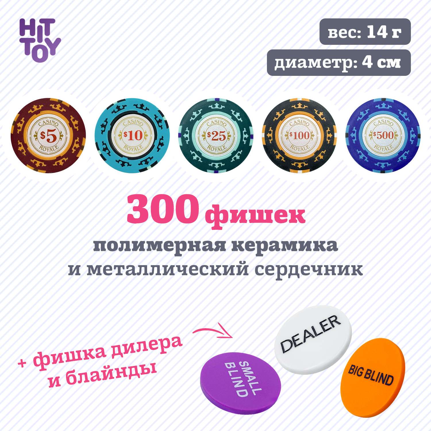 Покерный набор HitToy Casino Royale 300 фишек с номиналом в чемодане - фото 3