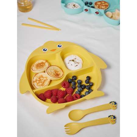 Набор детской посуды Добрый Филин Тарелка вилка ложка Пингвинёнок желтый 4 предмета