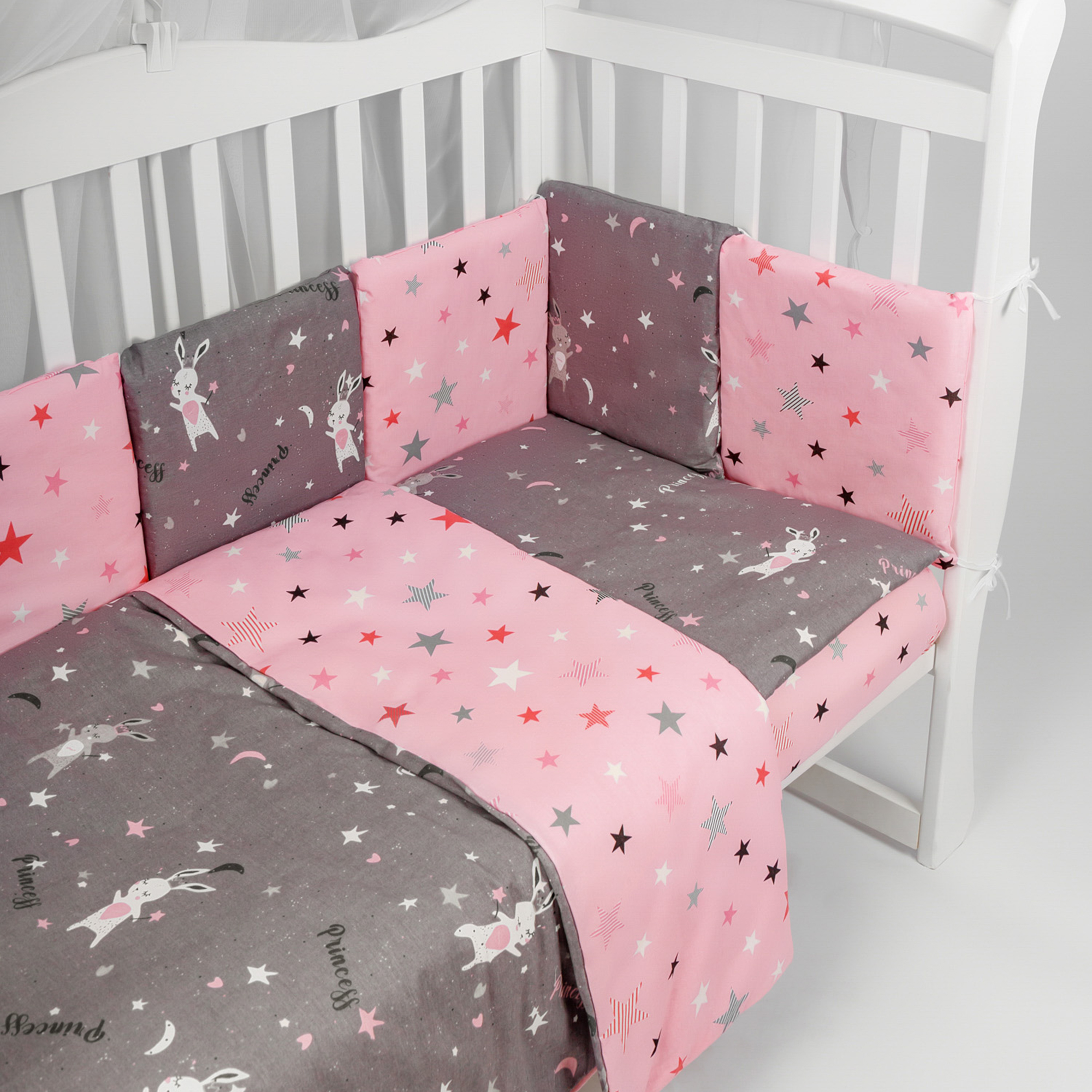 Комплект Premium AmaroBaby 18 предметов: 6 + 12 подушек-бортиков Princess серый розовый - фото 3