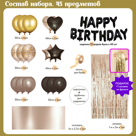 Воздушные шары набор Мишины шарики для фотозоны на день рождения с фольгированными буквами Happy Birthday