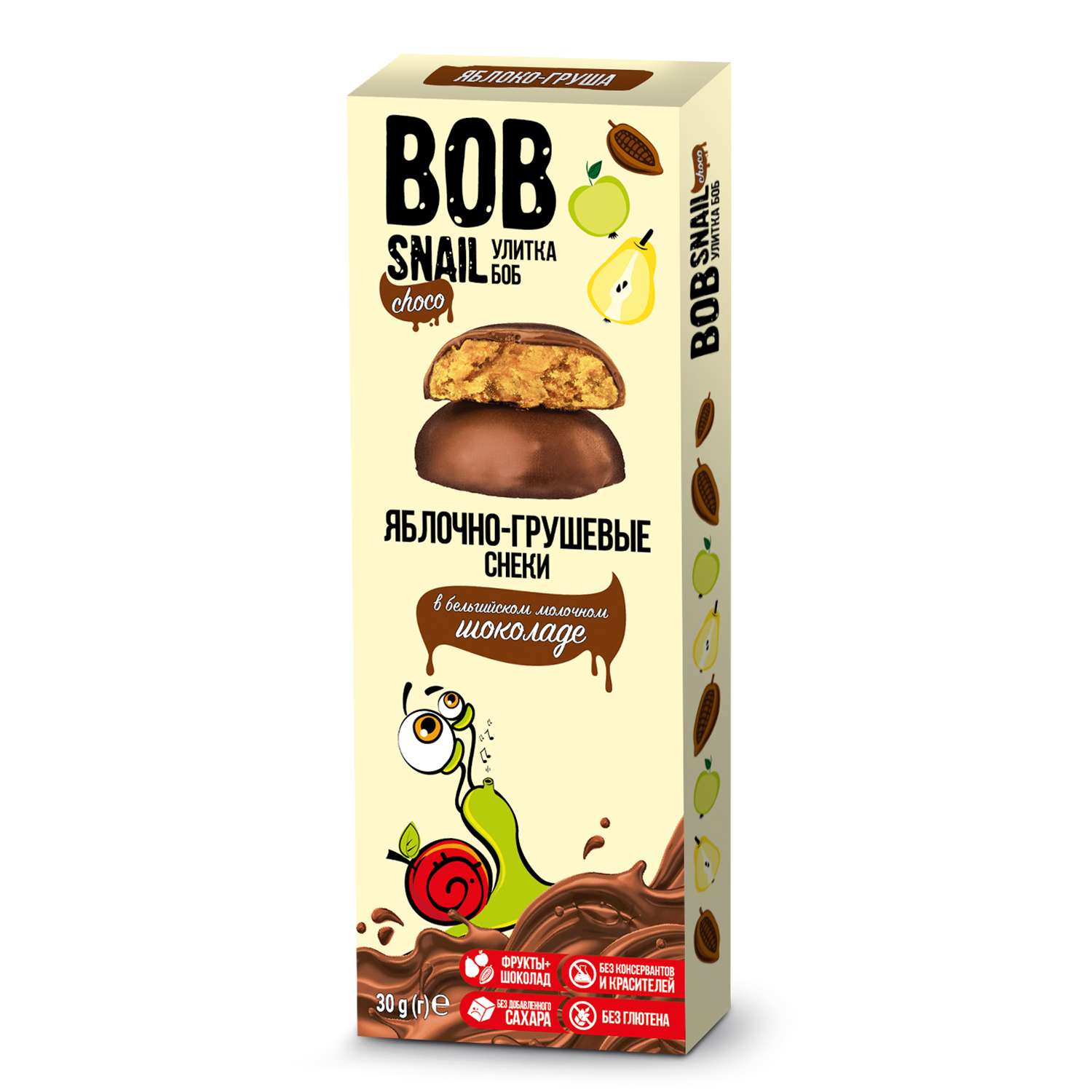 Снек Bob Snail Фруктовый яблочно-грушевый в молочном бельгийском шоколаде без добавленного сахара 30г - фото 1