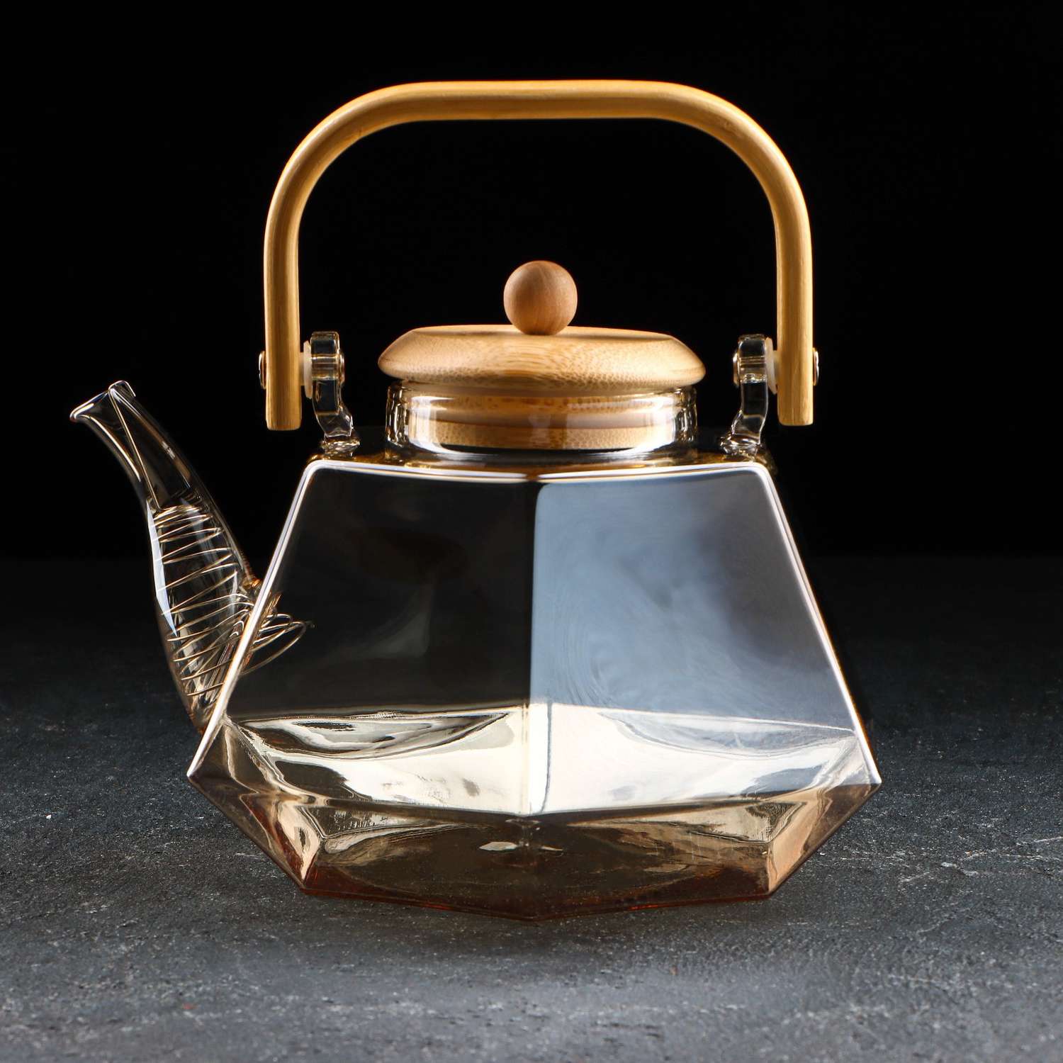 Чайник Sima-Land стеклянный заварочный с бамбуковой крышкой «Октогон» 800 мл цвет золотой - фото 1