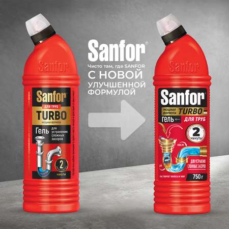 Средство против засоров Sanfor гель для труб Turbo - 750 г 2 шт