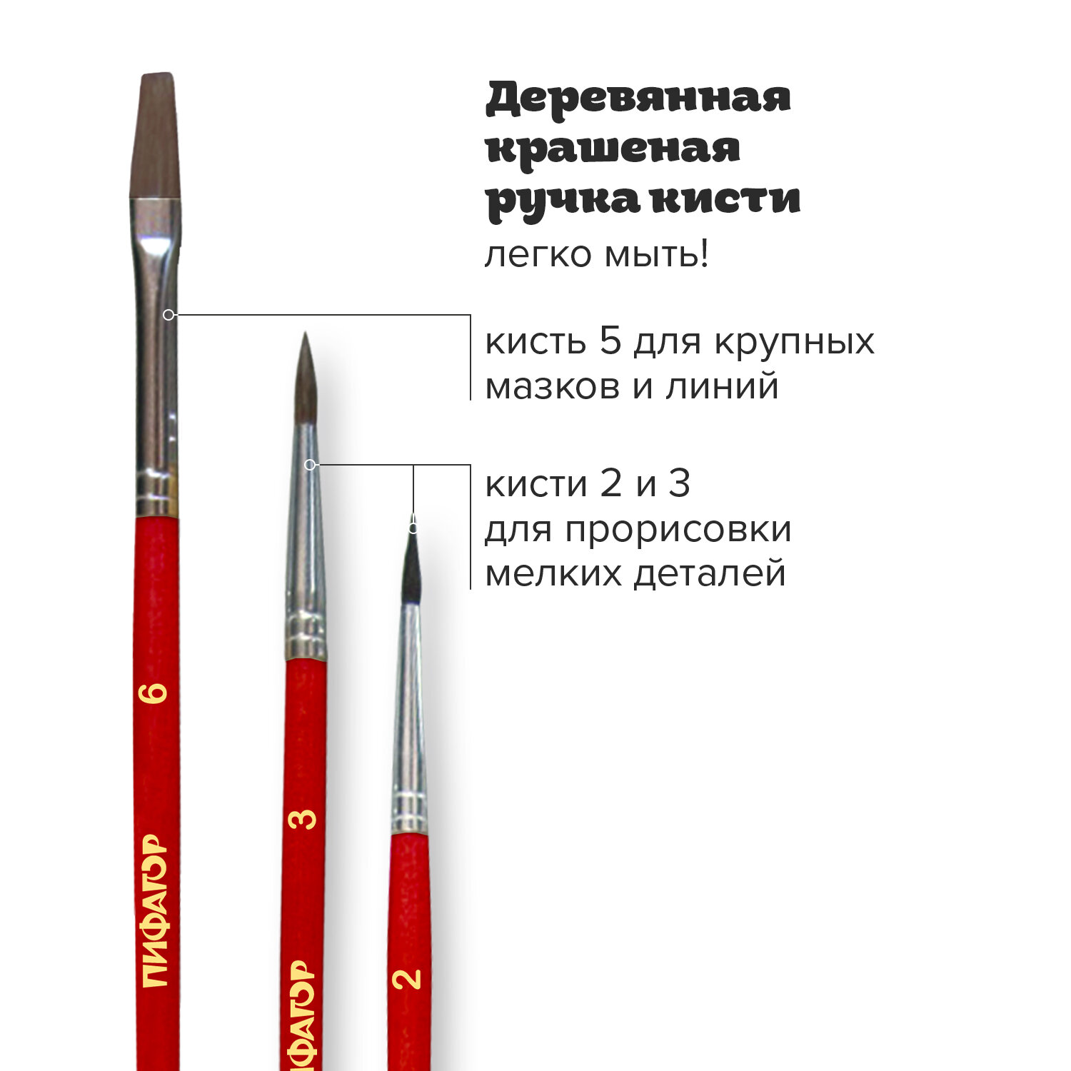 Кисти ПИФАГОР, набор 3 шт. пушно-меховая круглая No 2, плоская No 6, из ворса пони круглая No 3, 200230