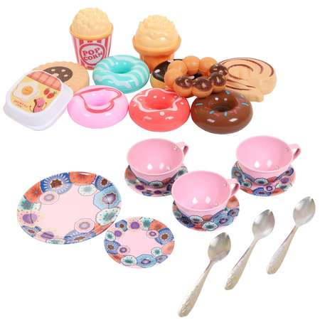 Игровой набор ABTOYS Посуда металлическая с чайником чашками блюдцами подносом продуктами розовый