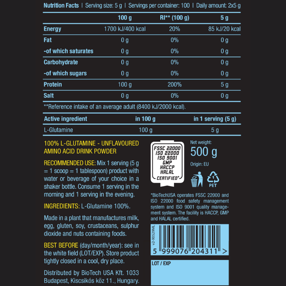 L-глутамин BiotechUSA 100% L-glutamine 500 г - фото 2