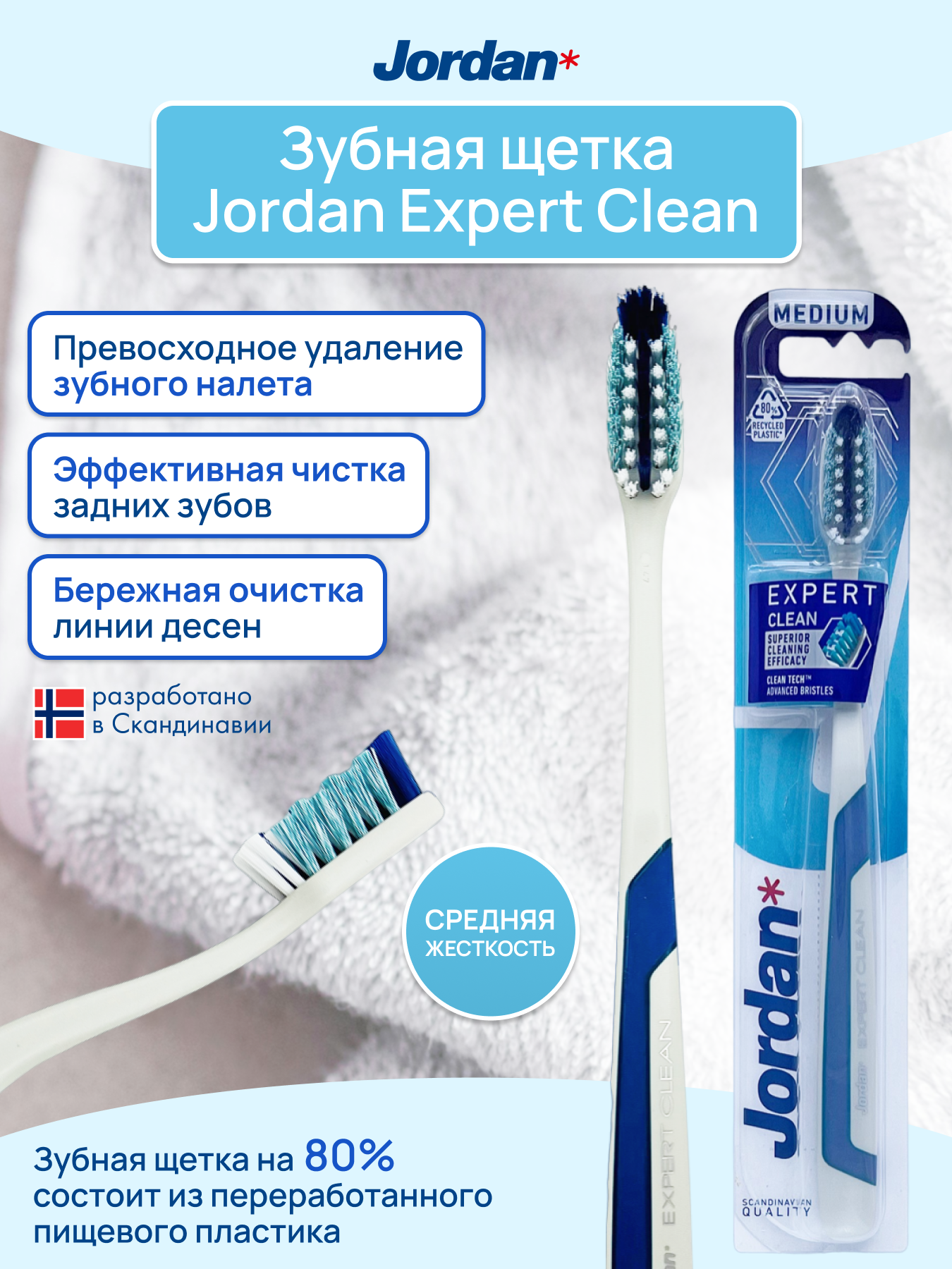 Зубная щетка JORDAN Expert Clean Medium средняя жесткость голубая - фото 2