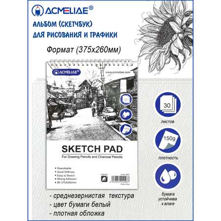Альбом-скетчбук ACMELIAE Для рисования и графики на пружине 375х260 мм 150 г 30 листов