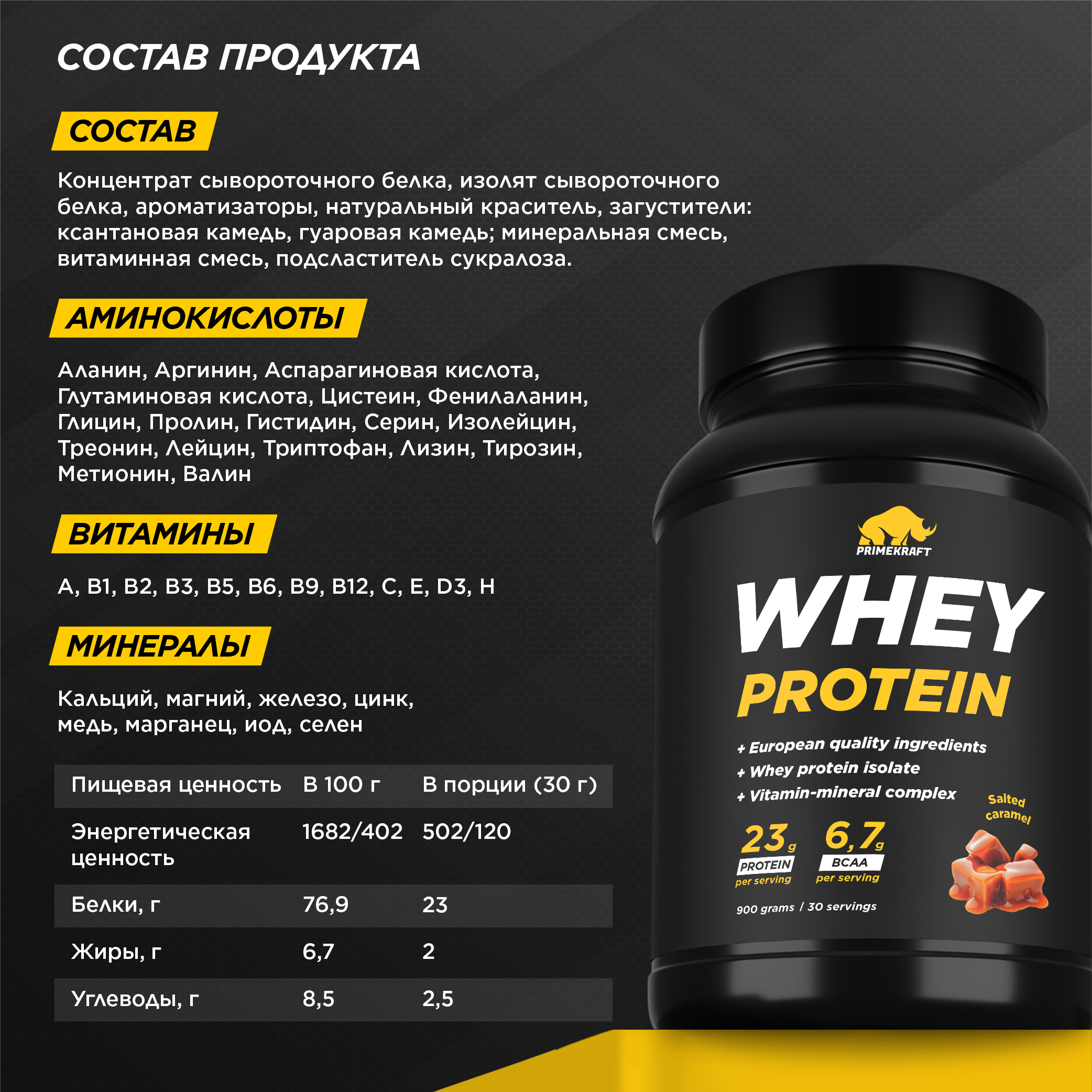 Протеин WHEY Prime Kraft Соленая карамель 900г банка - фото 3