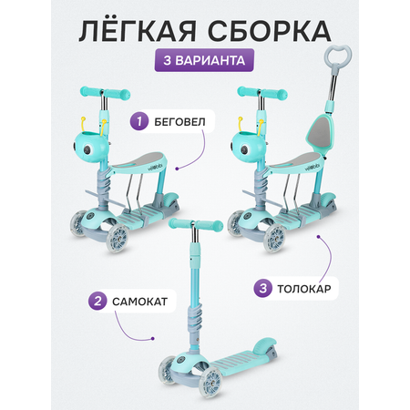 Самокат трехколёсный Velobibi Dynamic 3 в 1 Колеса PU/PVC Бирюзовый