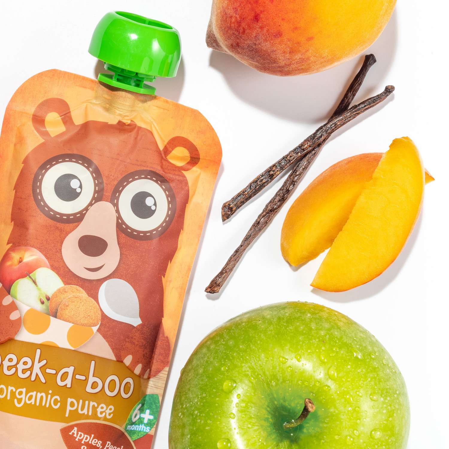 Пюре фруктовое Peek-a-boo органическое из яблок персиков со вкусом печенья пикабу 10 шт - фото 2