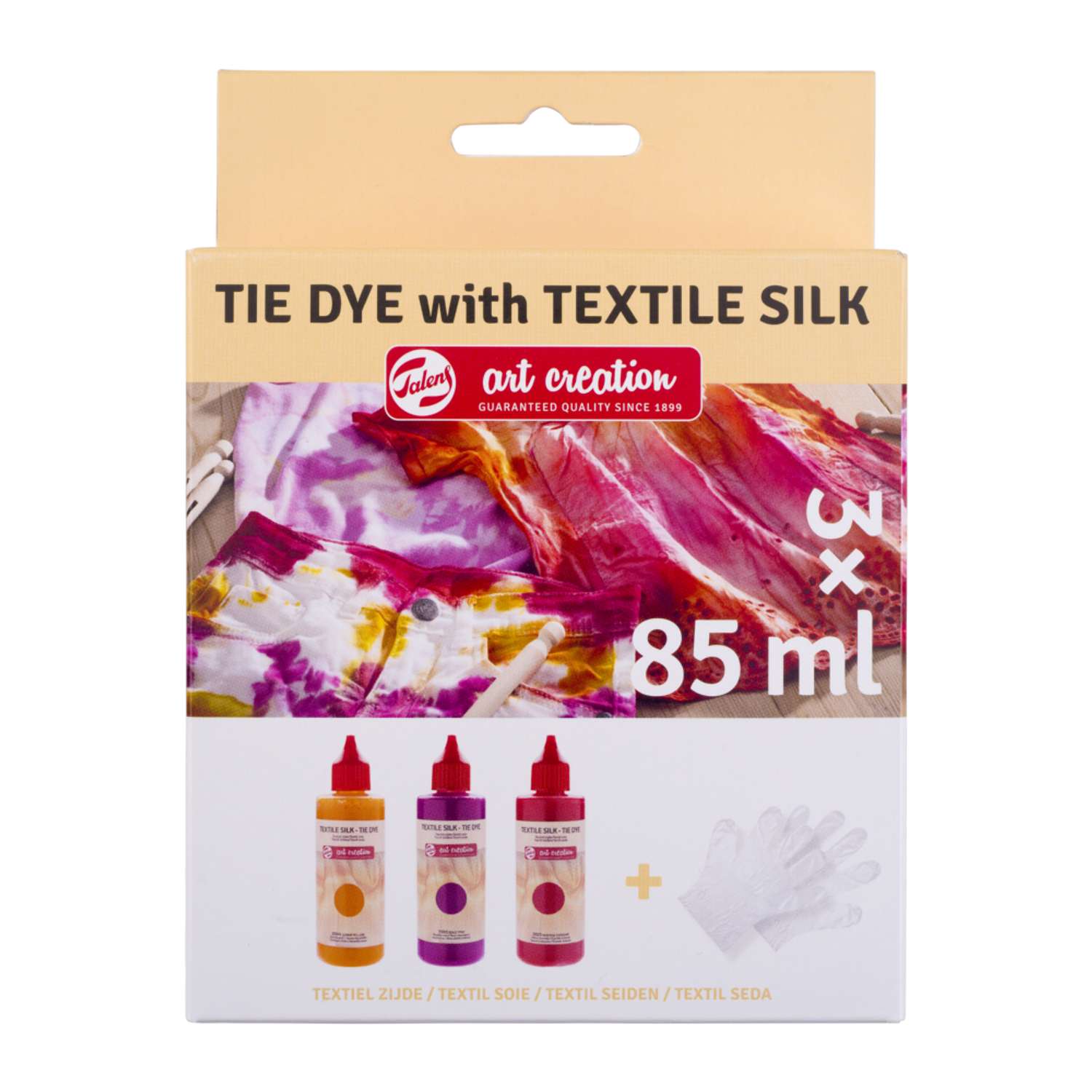 Набор красок для текстиля Talens Art Creation Tie-dye 3 цвета оттенки розового в тубах по 85мл и перчатки в картонной упаковке - фото 1