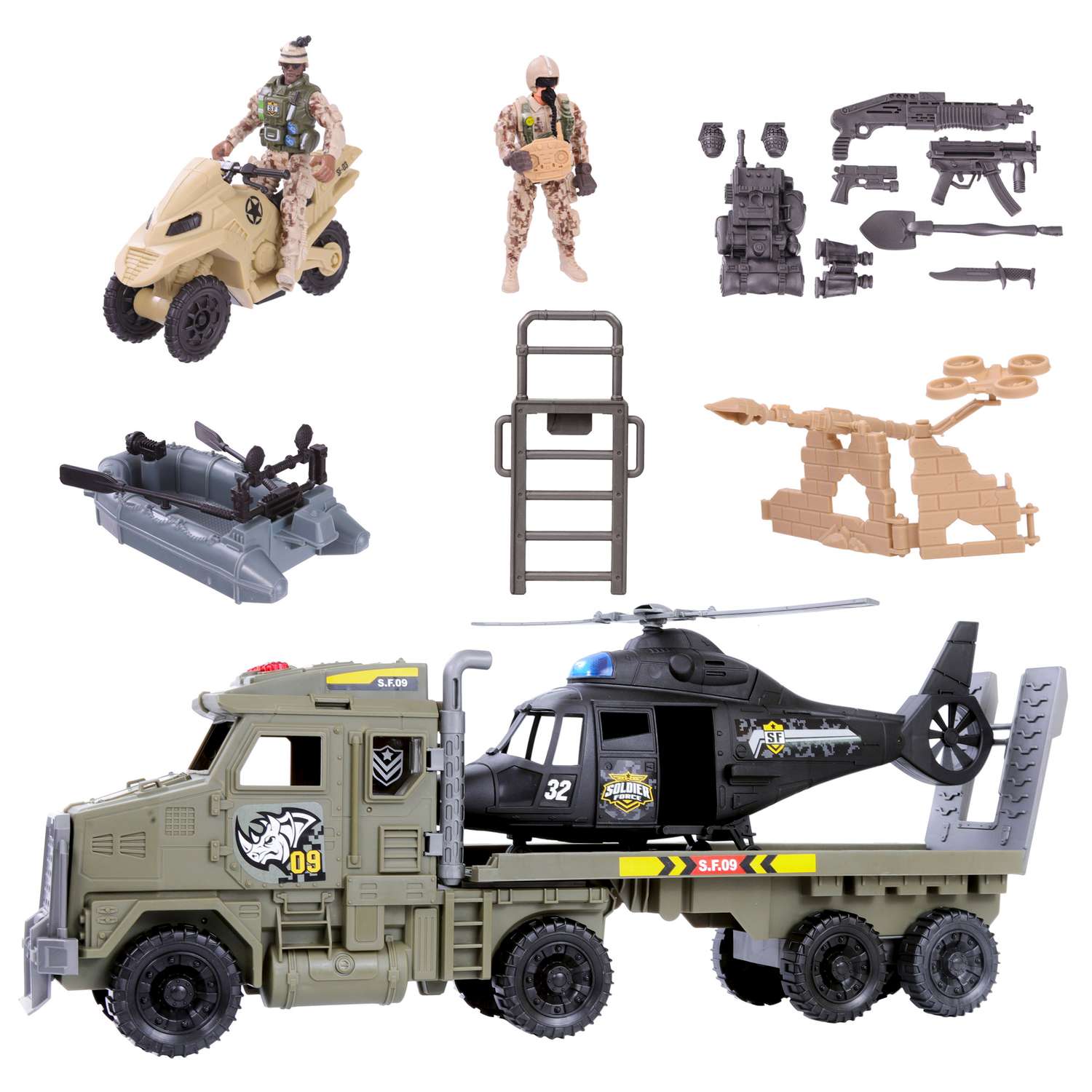 Игровой набор 2 в 1 Chap Mei Военный грузовик с вертолётом квадроцикл лодка и Карманный герой - фото 1