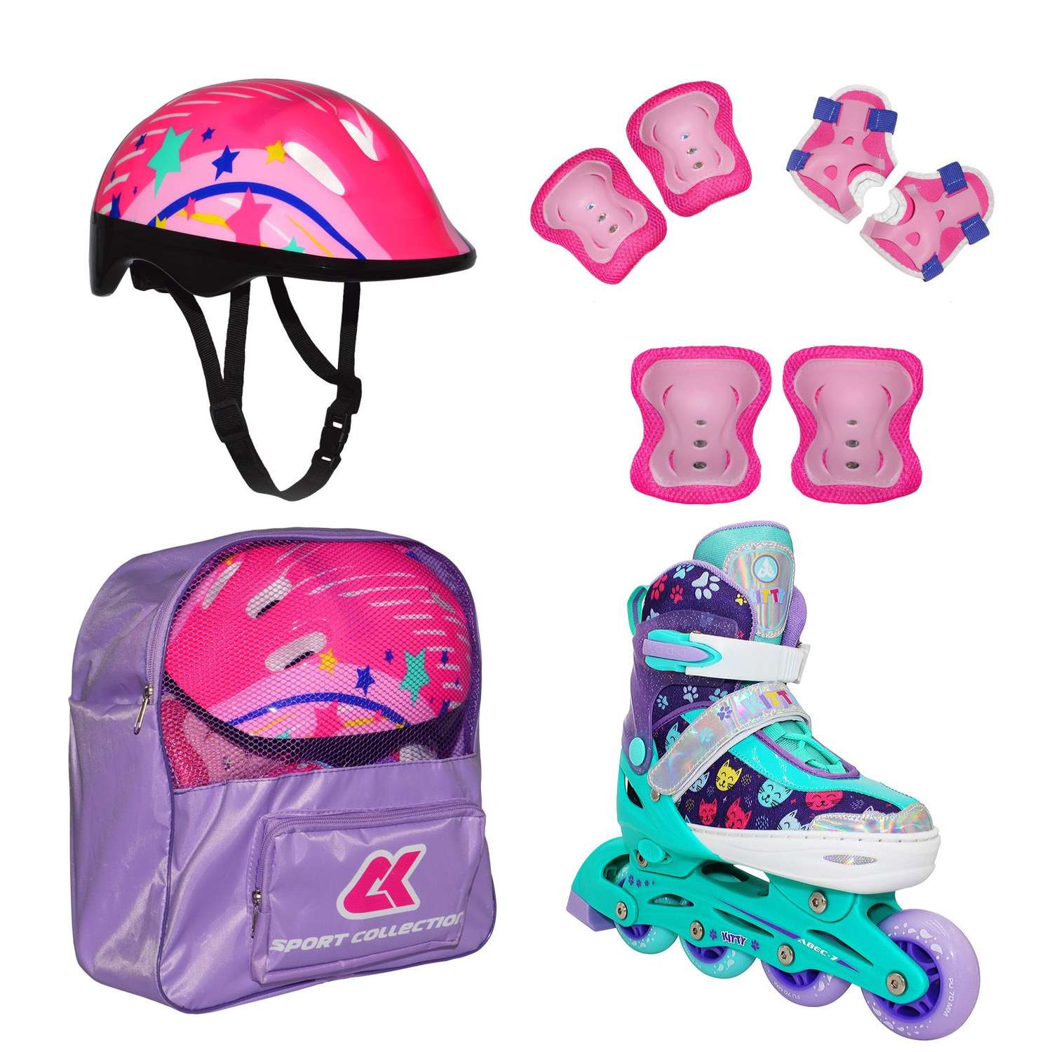 Набор роликовые коньки Sport Collection раздвижные Set Kitty Mint шлем и набор защиты в сумке размер S 29-32 - фото 1