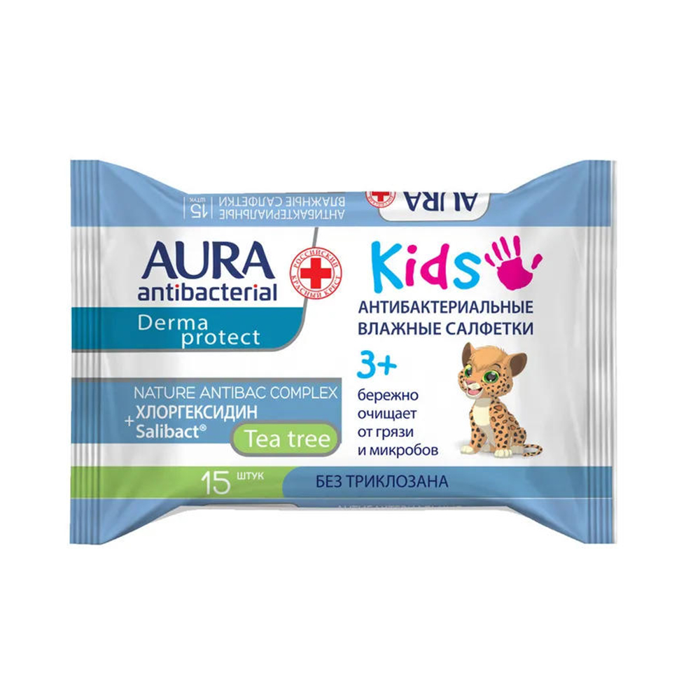 Влажные салфетки AURA Antibacterial derma protect kids 15шт / 3 + 1 в подарок - фото 2