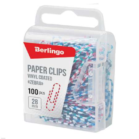 Скрепки BERLINGO 28мм Зебра цветные пластиковая упаковка европодвес 12 наборов по 100 шт
