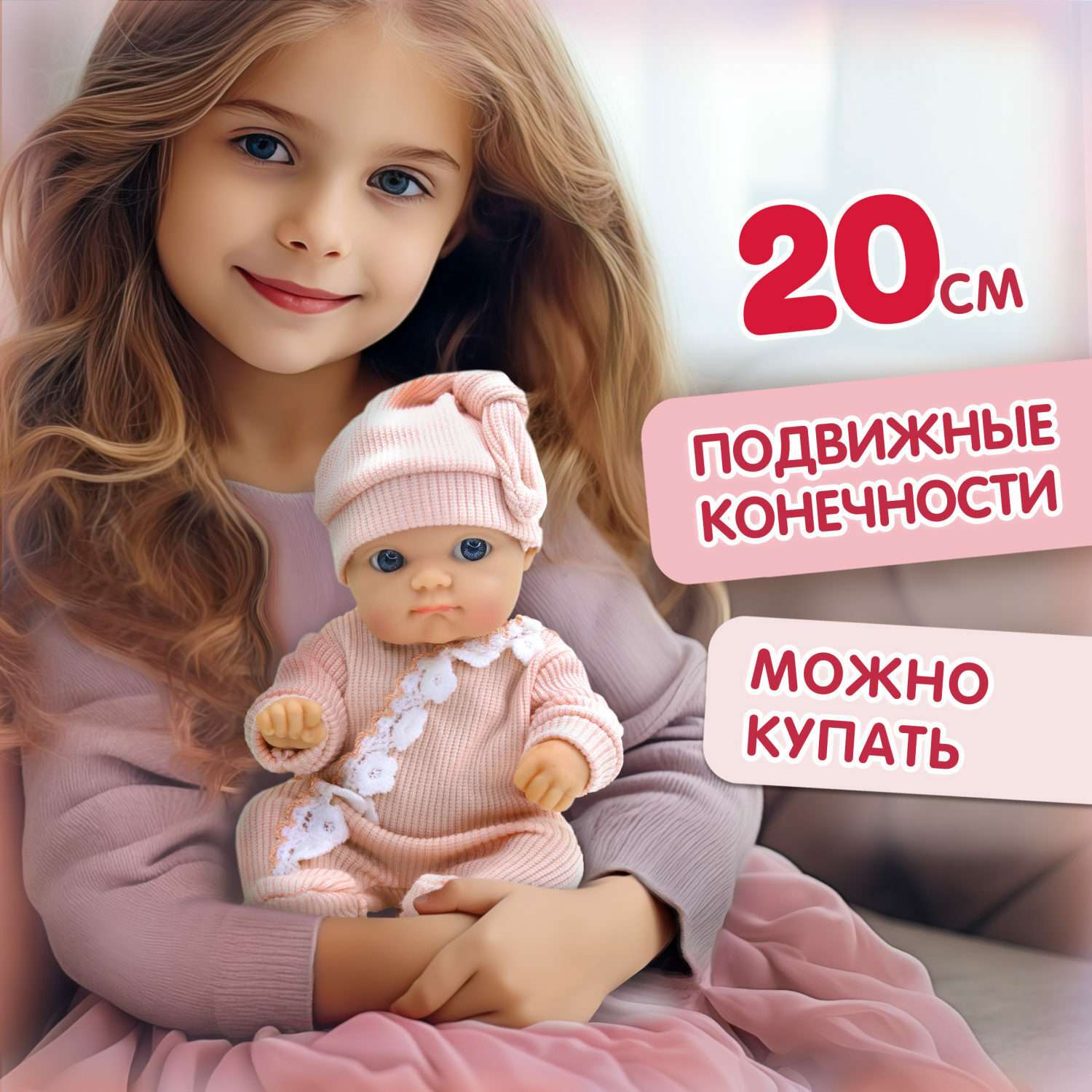 Кукла пупс 1TOY PREMIUM в розовом трикотажном комбинезоне и шапочке 20 см в премиум коробке с ручками Т22487 - фото 1