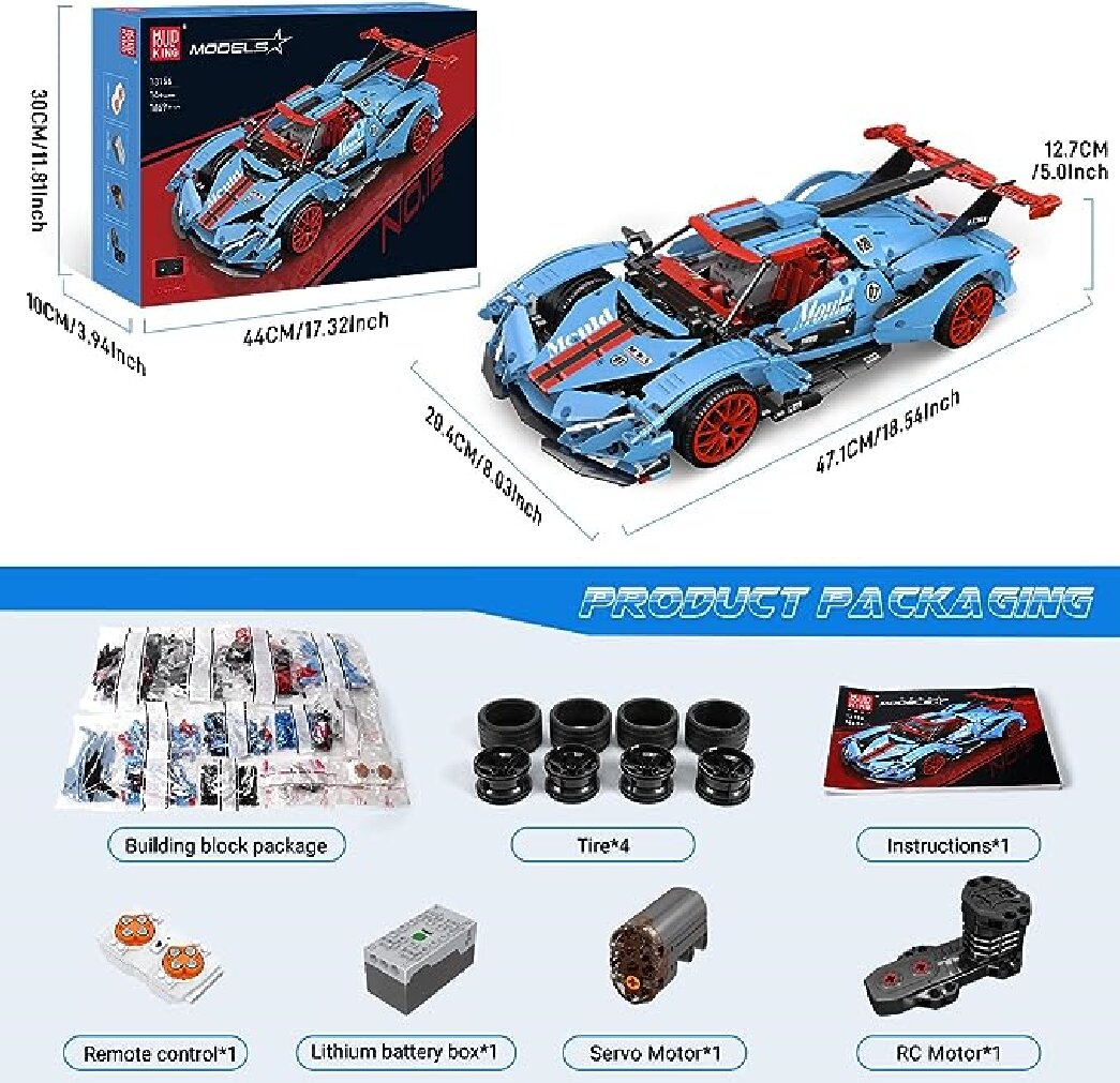 Конструктор Mould King 13156 синий Технический MOC Apollo IE Super Racing Car 1669 деталей - фото 8