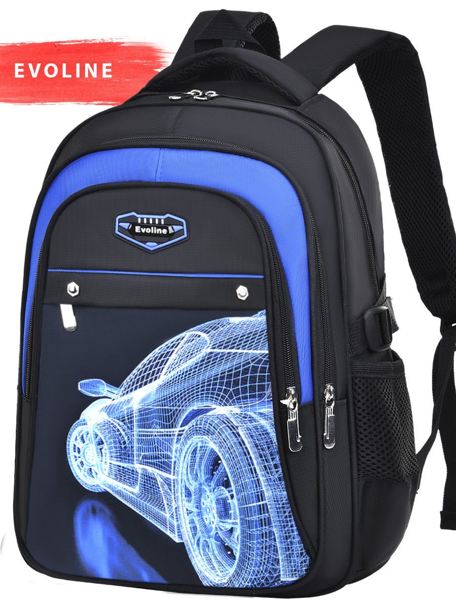 рюкзак школьный Evoline Черный гоночная синяя машина вид сзади 41 см спинка BEVO-CAR-4-41 - фото 1