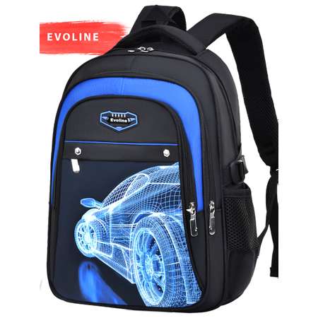 рюкзак школьный Evoline Черный гоночная синяя машина вид сзади 41 см спинка BEVO-CAR-4-41