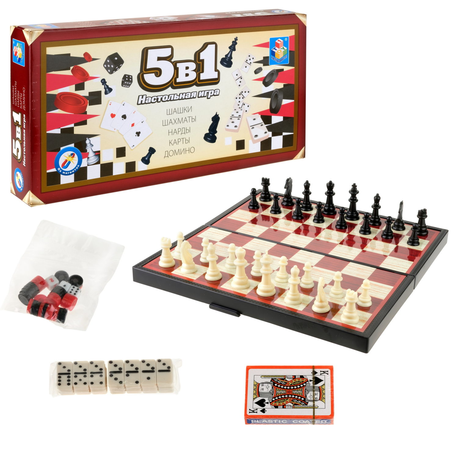 Игра настольная 1TOY 5в1 Шашки шахматы нарды карты домино на магните - фото 1